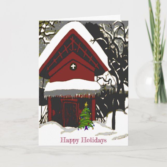 Happy Holidays Treed Cabin Holiday Card (Front)