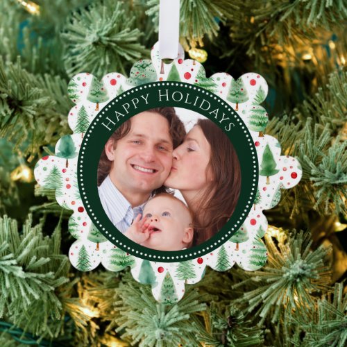 Happy Holidays Trees Family Photo  Ornament Card