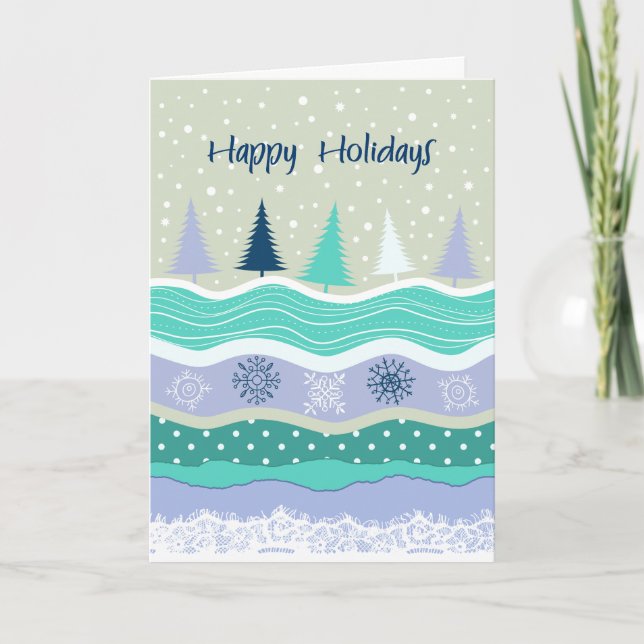 Happy Holidays - Trees Snowflakes Torn Paper Holiday Card (Front)