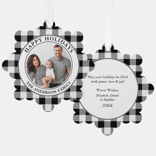 Happy Holidays Trendy Black and White Plaid Ornament Card