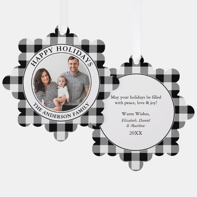 Happy Holidays Trendy Black and White Plaid Ornament Card (Front/Back)