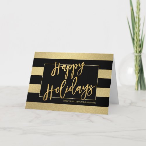 Happy Holidays Trendy Gold Stripes Hand_Script Holiday Card