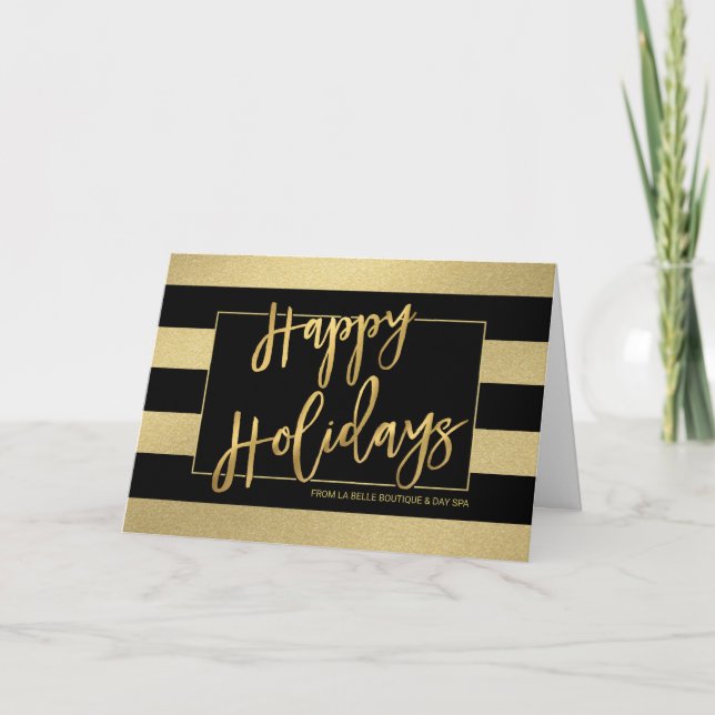 Happy Holidays Trendy Gold Stripes Hand-Script Holiday Card (Front)