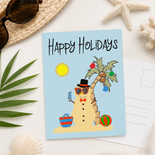 Happy Holidays Tropical Sand Snowman Christmas Postcard