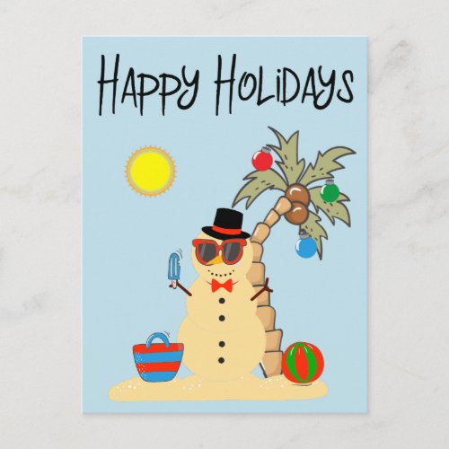 Happy Holidays Tropical Sand Snowman Christmas Postcard