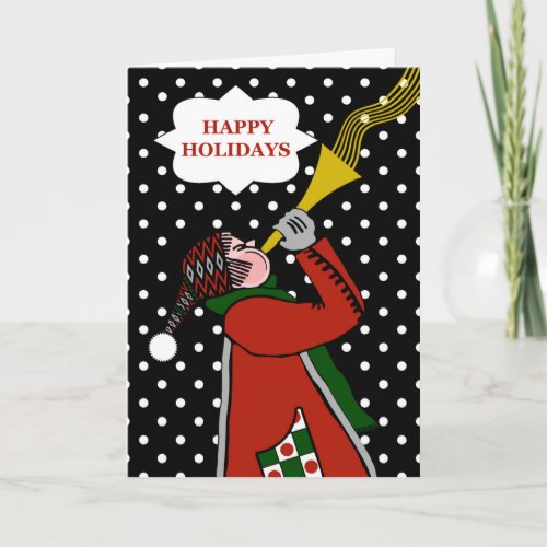 Happy Holidays Trumpet Player and Polka Dot Snow Holiday Card