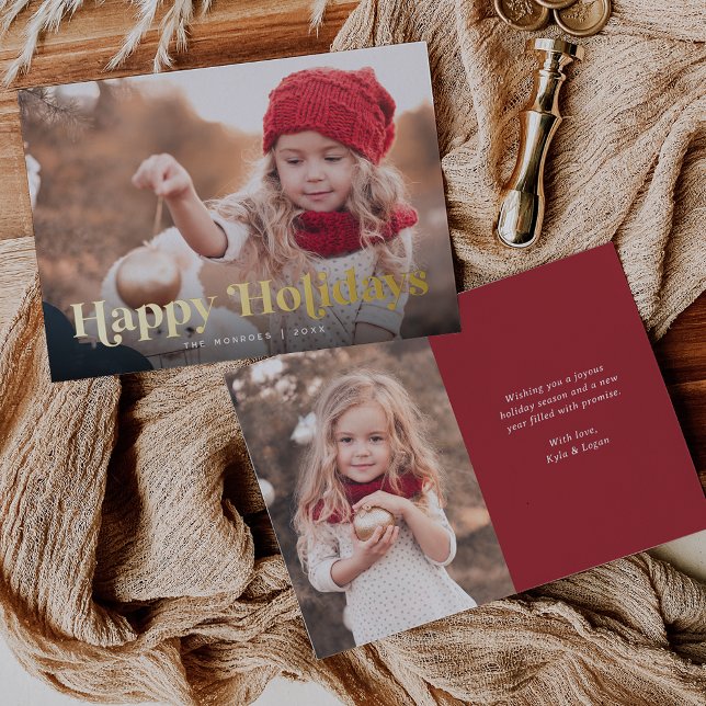 Happy Holidays Two Photo Gold Foil Holiday Card (Creator Uploaded)