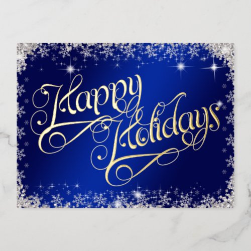 Happy Holidays Typography Blue and Diamonds  Foil Holiday Postcard