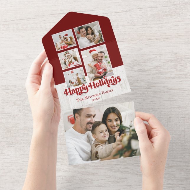 Happy Holidays Typography on Rustic Wood 5-Photo All In One Invitation (Tearaway)