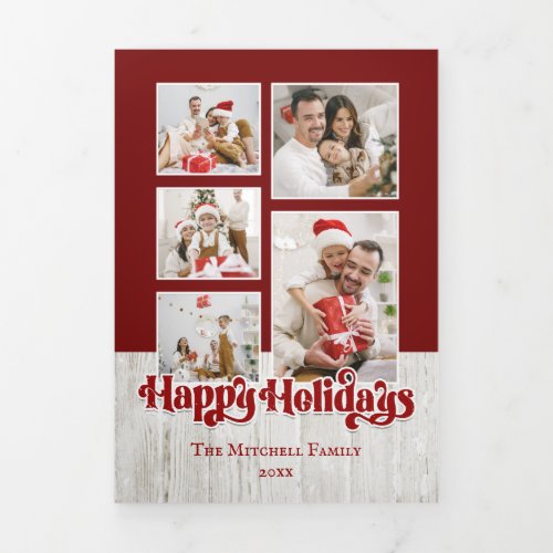 Happy Holidays Typography on Rustic Wood 5_Photo Tri_Fold Card