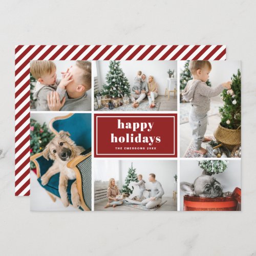 Happy Holidays Typography Red Photo Collage Holiday Card