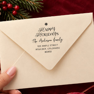 Happy Holidays Typography Script Name and Address Self-inking Stamp