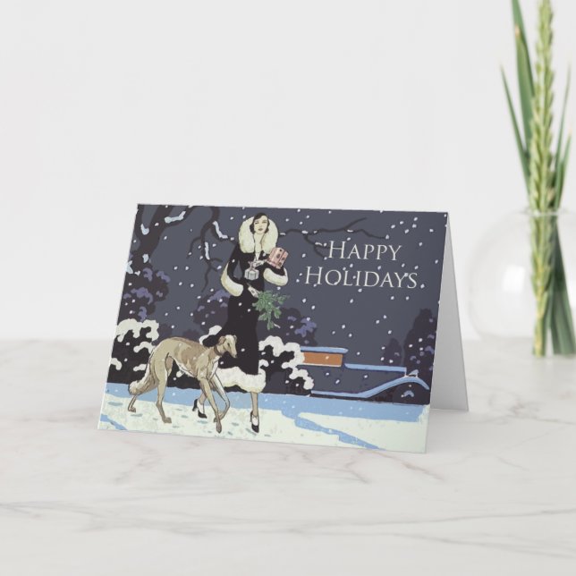 Happy Holidays Vintage Borzoi Card (Front)
