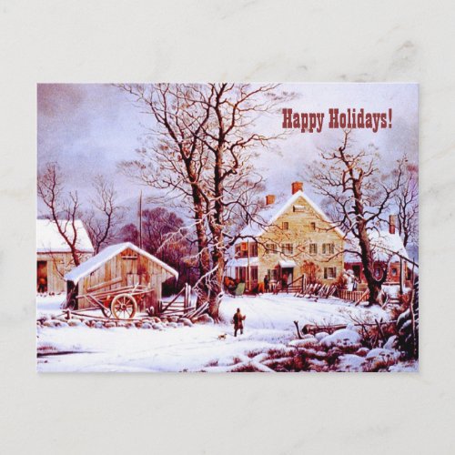 Happy Holidays Vintage Farm Winter Scene Card