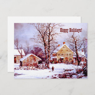 Happy Holidays. Vintage Farm Winter Scene Holiday Postcard