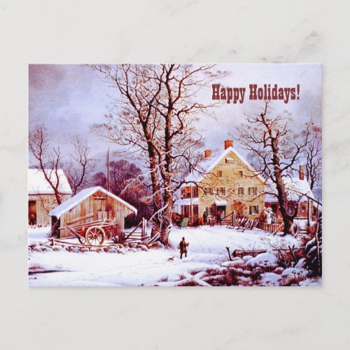Happy Holidays Vintage Farm Winter Scene Holiday Postcard