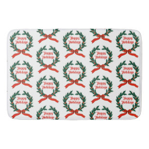 Happy Holidays Vintage Holly Christmas Wreath Bath Mat