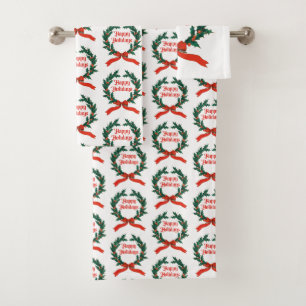 Happy Holidays Vintage Holly Christmas Wreath Bath Towel Set