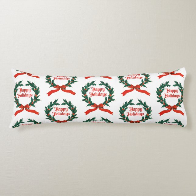 Happy Holidays Vintage Holly Christmas Wreath Body Pillow (Front)