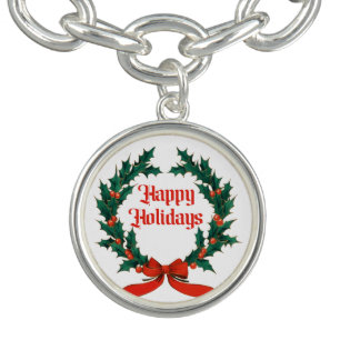 Happy Holidays Vintage Holly Christmas Wreath Bracelet