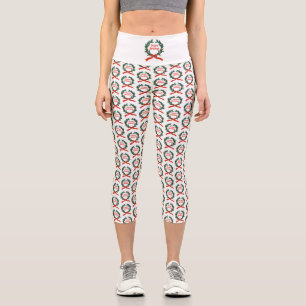 Happy Holidays Vintage Holly Christmas Wreath Capri Leggings
