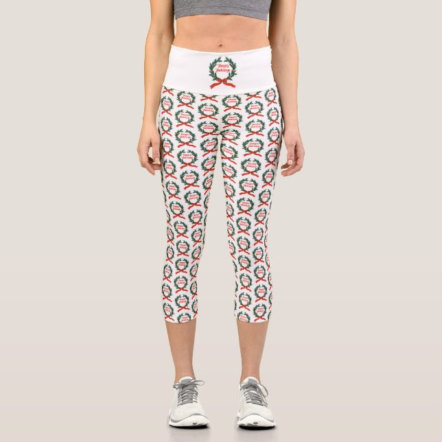 Happy Holidays Vintage Holly Christmas Wreath Capri Leggings (Front)