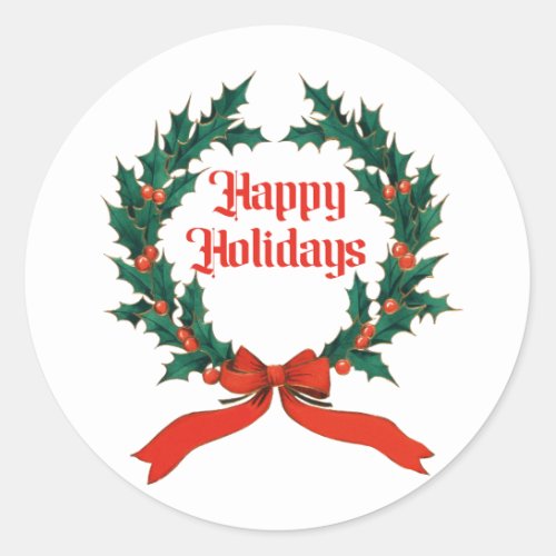 Happy Holidays Vintage Holly Christmas Wreath Classic Round Sticker
