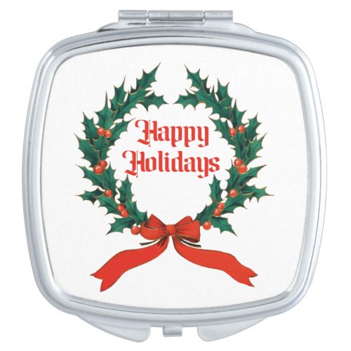 Happy Holidays Vintage Holly Christmas Wreath Compact Mirror
