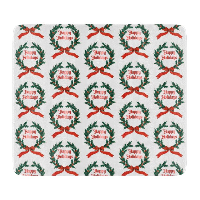 Happy Holidays Vintage Holly Christmas Wreath Cutting Board (Front)