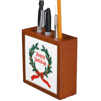 Happy Holidays Vintage Holly Christmas Wreath Desk Organizer