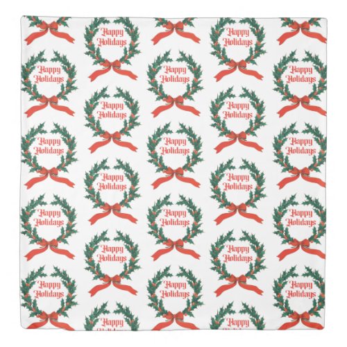 Happy Holidays Vintage Holly Christmas Wreath Duvet Cover