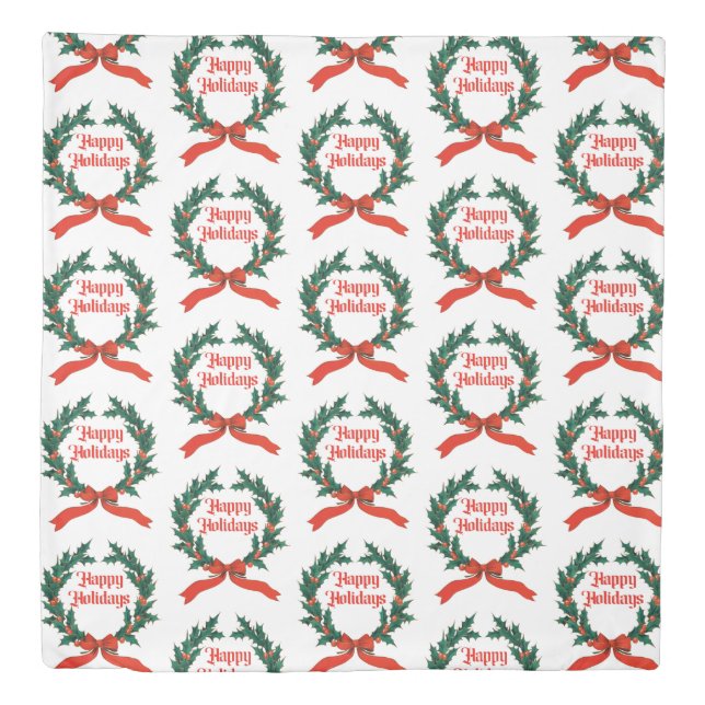 Happy Holidays Vintage Holly Christmas Wreath Duvet Cover (Front)