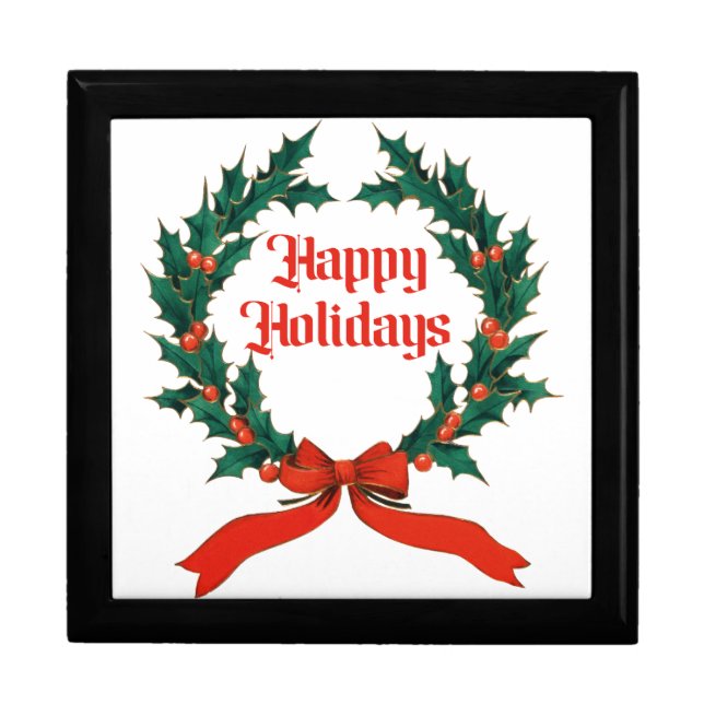 Happy Holidays Vintage Holly Christmas Wreath Gift Box (Front)