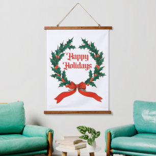 Happy Holidays Vintage Holly Christmas Wreath Hanging Tapestry