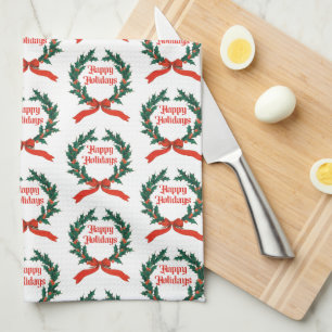 Happy Holidays Vintage Holly Christmas Wreath Kitchen Towel
