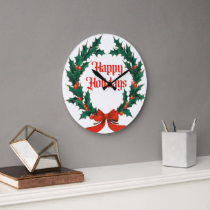 Happy Holidays Vintage Holly Christmas Wreath Large Clock