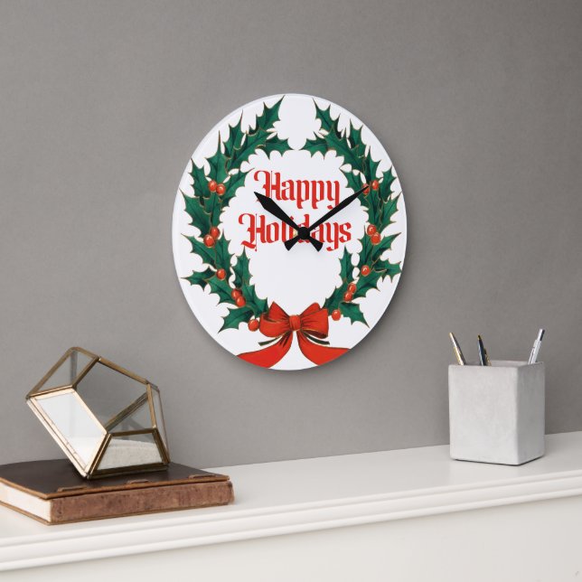 Happy Holidays Vintage Holly Christmas Wreath Large Clock (Office)