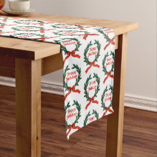 Happy Holidays Vintage Holly Christmas Wreath Long Table Runner