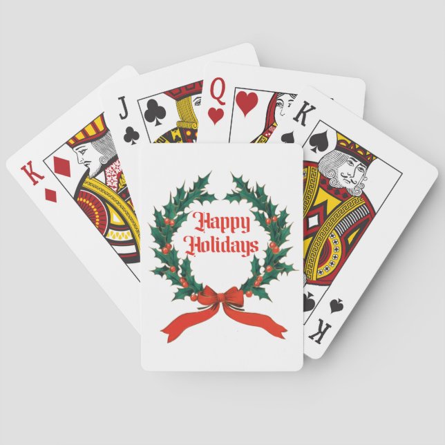 Happy Holidays Vintage Holly Christmas Wreath Poker Cards (Back)
