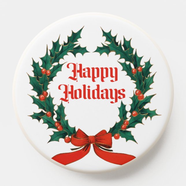 Happy Holidays Vintage Holly Christmas Wreath PopSocket (Popsocket)