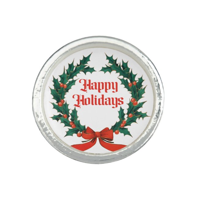 Happy Holidays Vintage Holly Christmas Wreath Ring (Front)