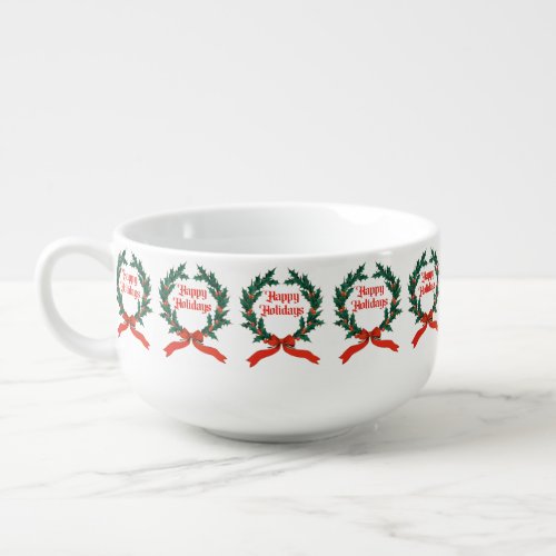 Happy Holidays Vintage Holly Christmas Wreath Soup Mug