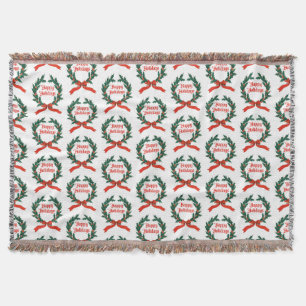 Happy Holidays Vintage Holly Christmas Wreath Throw Blanket