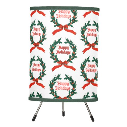 Happy Holidays Vintage Holly Christmas Wreath Tripod Lamp