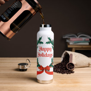 Happy Holidays Vintage Holly Christmas Wreath Water Bottle