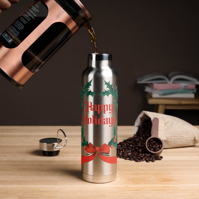 Happy Holidays Vintage Holly Christmas Wreath Water Bottle (Coffee)