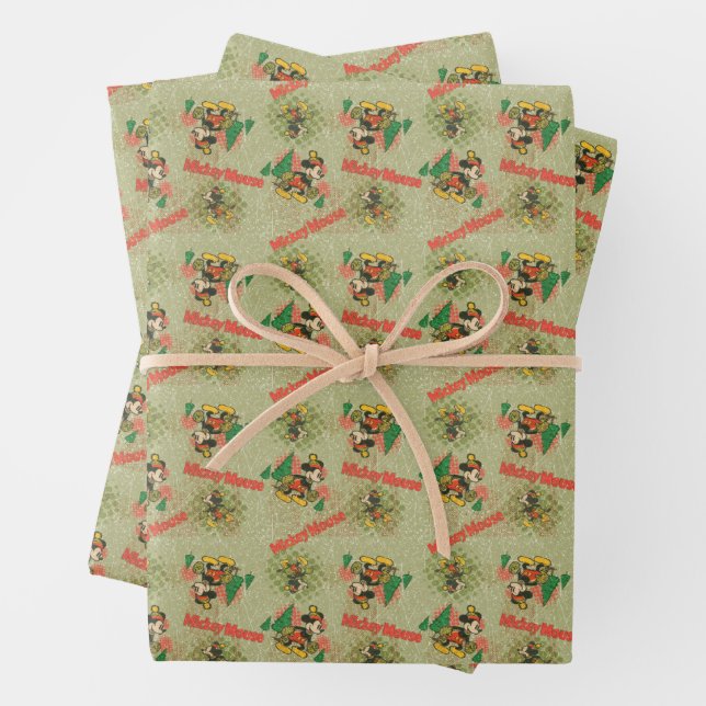 Happy Holidays | Vintage Mickey Mouse Christmas Wrapping Paper Sheets (In situ)