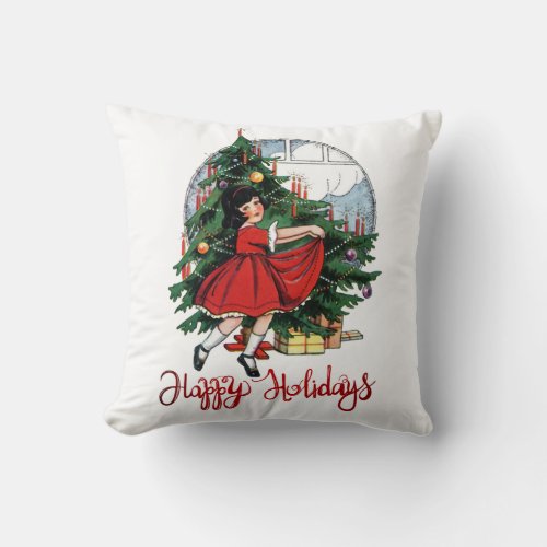 Happy HolidaysVintage Pine Tree Little Girl Throw Pillow