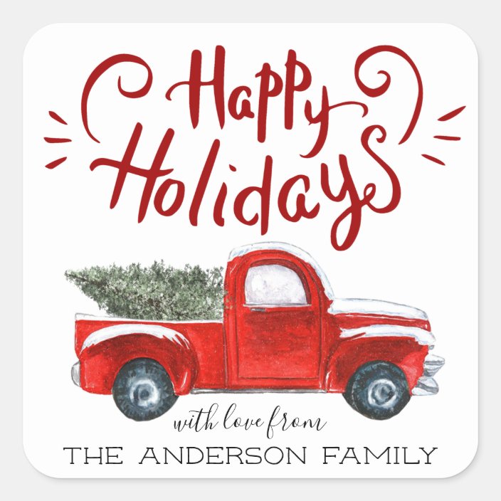 Happy Holidays Vintage Red Truck Christmas Square Sticker Zazzle Com