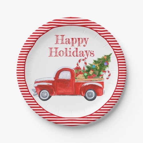 Happy Holidays Vintage Red Truck Holiday Christmas Paper Plates